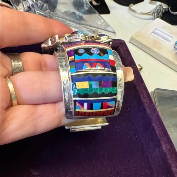 Native-Inspired Multi-Color Inlay Cuff Bracelet - Picture 2 of 6